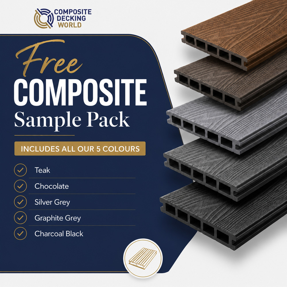 Free composite decking sample box containing all five board colour finishes